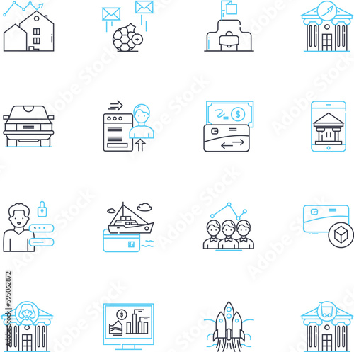 Accounting services linear icons set. Bookkeeping, Payroll, Taxation, Auditing, Financials, Consultancy, Compliance line vector and concept signs. Forecasting,Analysis,Budgeting outline illustrations