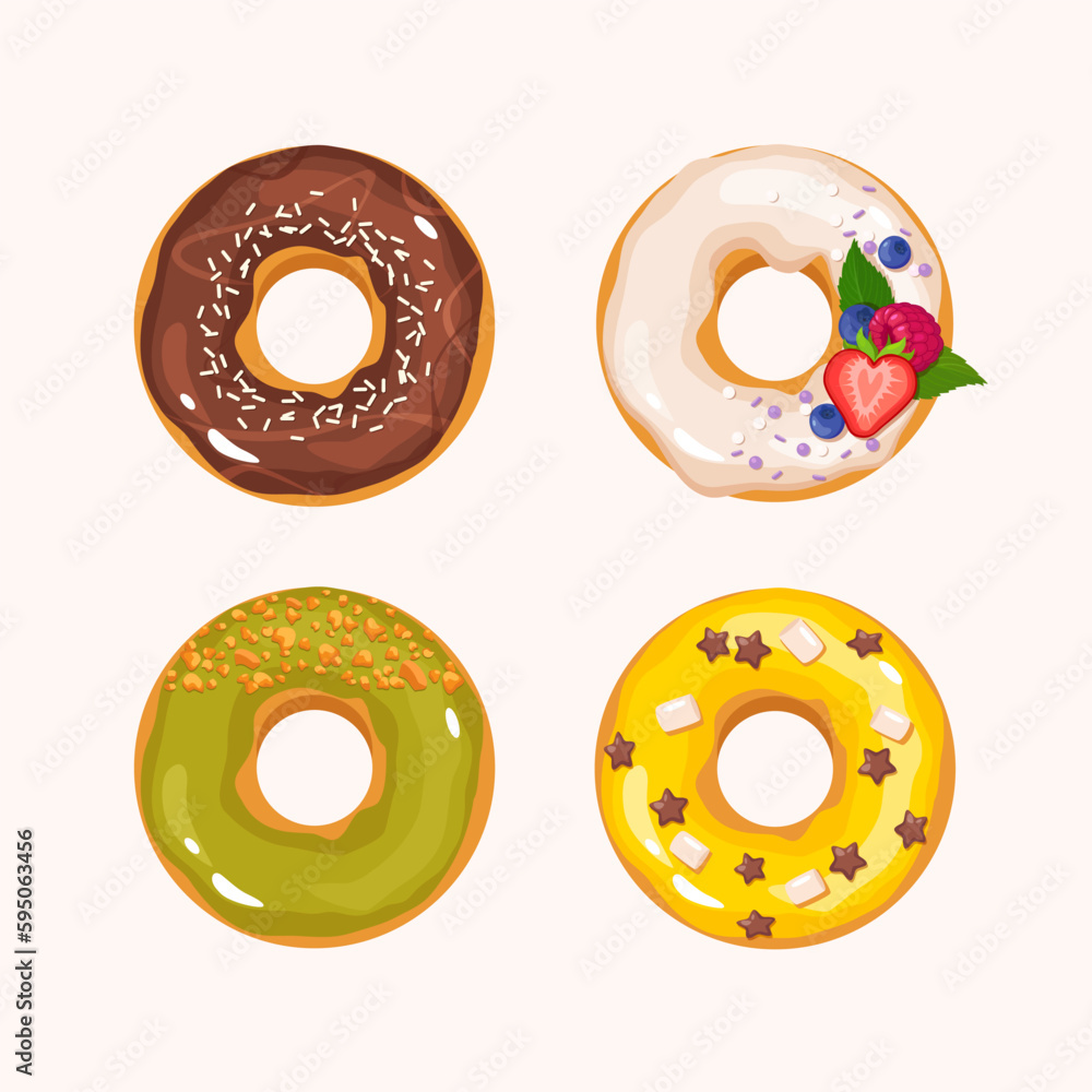 Fototapeta premium Cartoon tasty donuts with different toppings