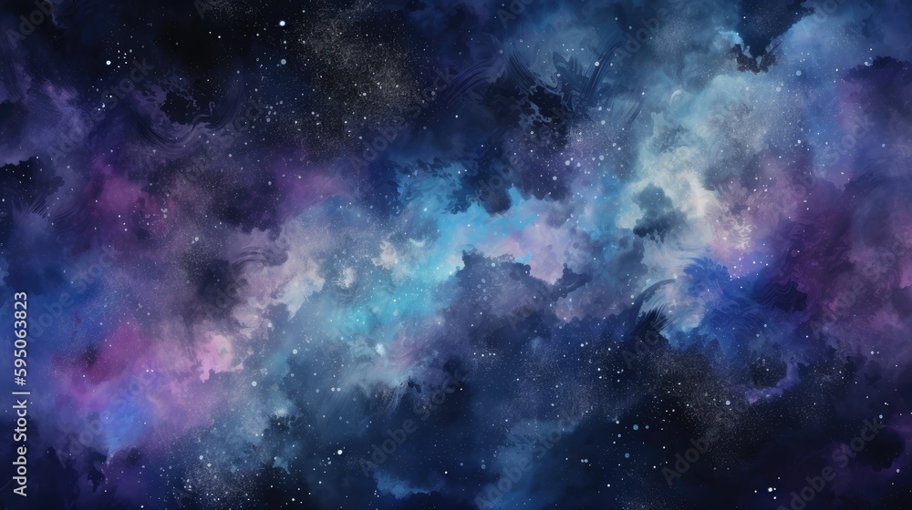 A galaxy background with watercolor splatters in shades of blue and purple.

