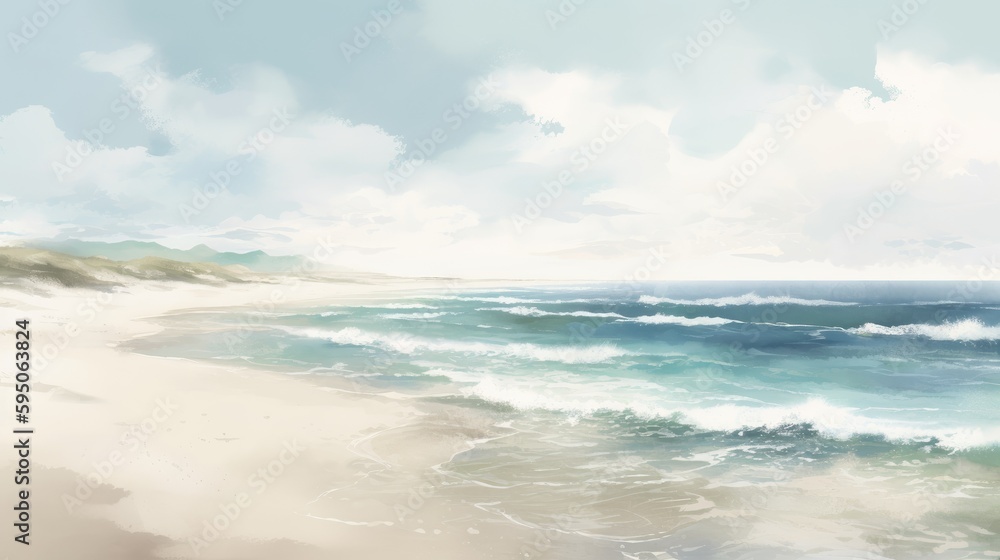 A beach background with watercolor splatters in shades of blue and green.
