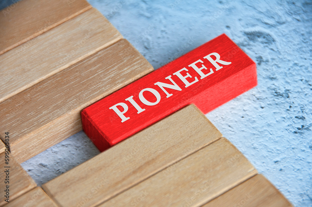 Top view of Pioneer text on red color wooden blocks. Founder concept