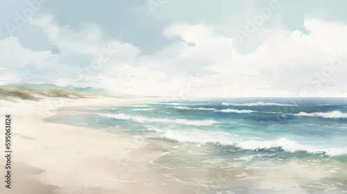 A beach background with watercolor splatters in shades of blue and green. 