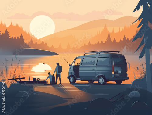 An Illustration of Van Campers Parked on a Lake | Generative AI