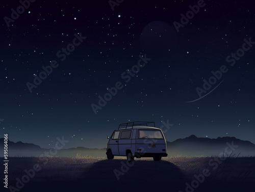 A Van Parked under a Night Sky | Generative AI