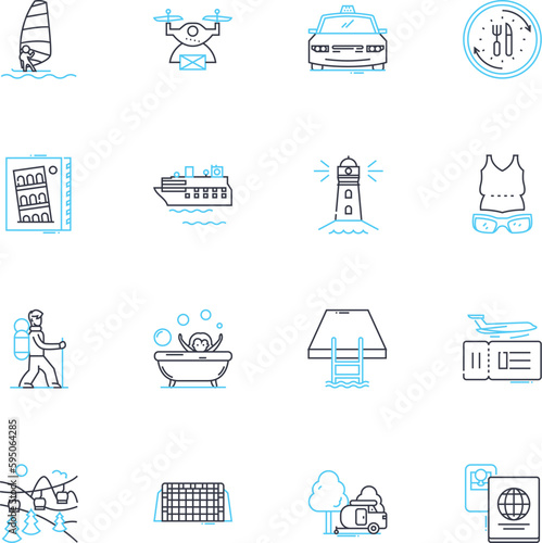 Escapade linear icons set. Adventure, Thrill, Excitement, Action-packed, Fun, Unforgettable, Exploration line vector and concept signs. Escape,Rush,Adrenaline outline illustrations