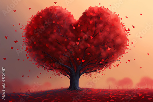 A painting heart shaped tree in the middle of a field. Heart tree. generative ai. Red heart shaped tree. Valentine background. Love. Valentines day illustration © Zakaria