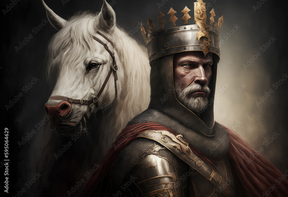 Portrait of the Medieval king knight in armor and his white horse