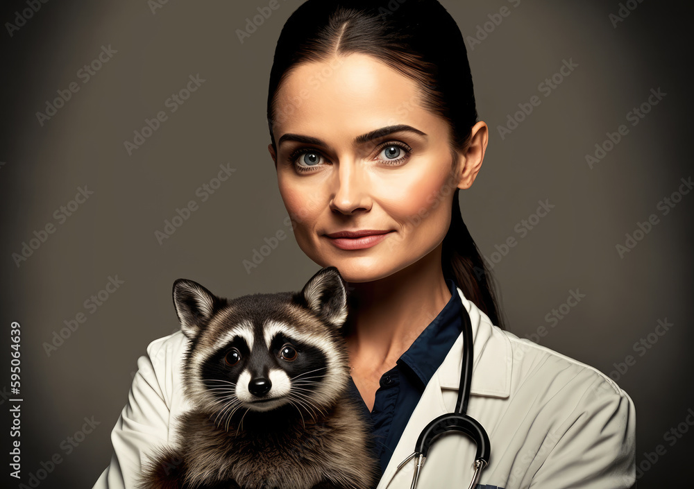 Portrait of a veterinarian woman with a cute raccoon. Created with Generative AI, no one recognisable. Not a real person. Portrait of a veterinarian woman with a cute raccoon. Created with Generative AI, no one recognisable. Not a real person.