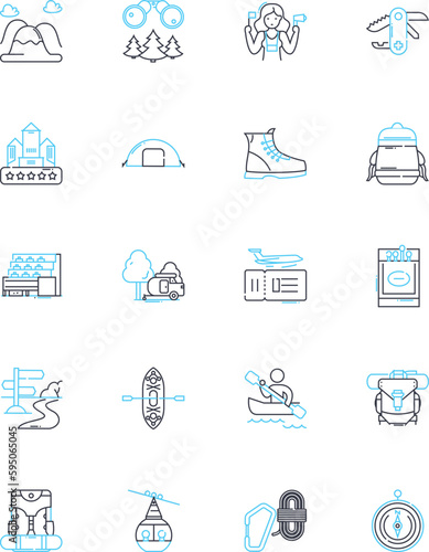 Beach getaways linear icons set. Sand, Waves, Sun, Relaxation, Ocean, Shoreline, Seagulls line vector and concept signs. Surf,Vacations,Tides outline illustrations