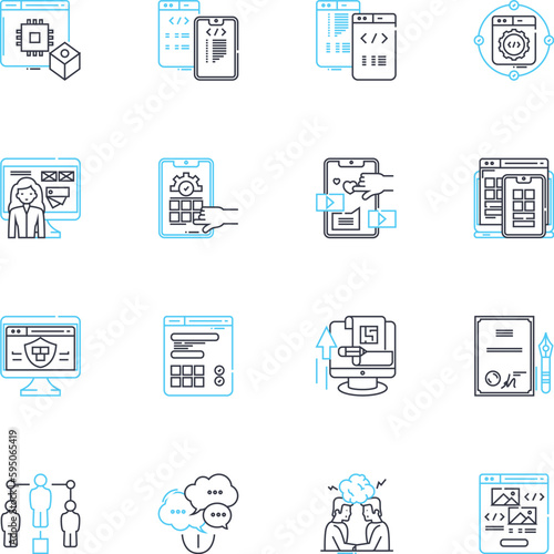 Mobile gaming linear icons set. Entertaining, Addiction, Thrilling, Strategy, Fun, Adventure, Challenge line vector and concept signs. Engaging,Interactive,Casual outline illustrations