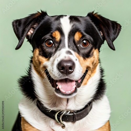 studio headshot portrait of brown white and black medium mixed breed dog smiling against a green background. Generative AI