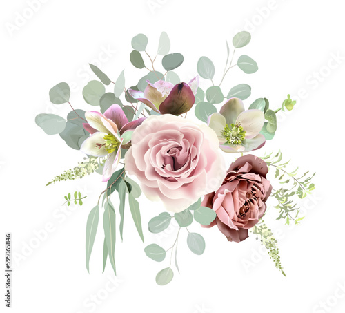 Mauve purple rose, dusty pink lisianthus, serruria, brown and green hellebores, hydrangea, mint eucalyptus, greenery