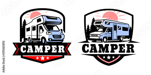 Campervan logo on white background. Emblem set