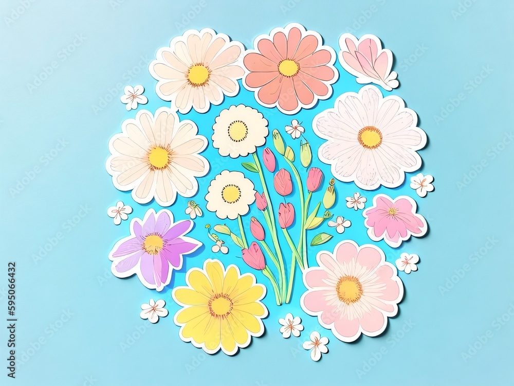 Bouquet of beautiful spring flowers on pastel blue table top view. Greeting card for International Women Day. Flat lay. Generative AI Bouquet of beautiful spring flowers on pastel blue table top view. Greeting card for International Women Day. Flat lay. Generative AI