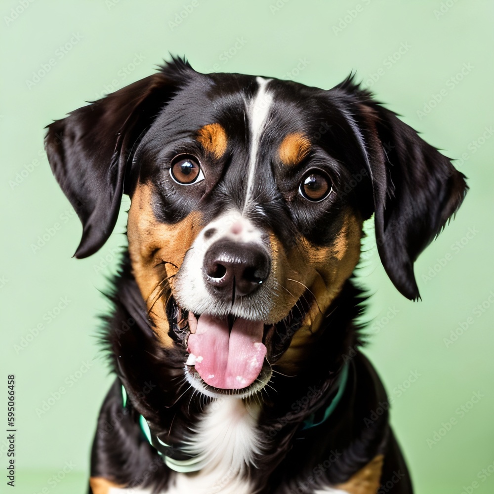 studio headshot portrait of brown white and black medium mixed breed dog smiling against a green background. Generative AI studio headshot portrait of brown white and black medium mixed breed dog smiling against a green background. Generative AI