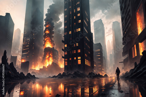 Cityscape against a backdrop of fire (AI)