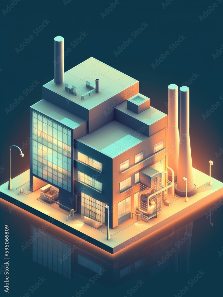 A glass factory icon with translucent glass isometric view .Generative AI
