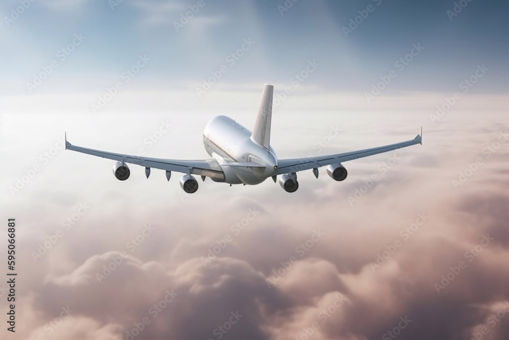 Passenger airliner in the sky. the plane flies into the sunset sky. AI Generated