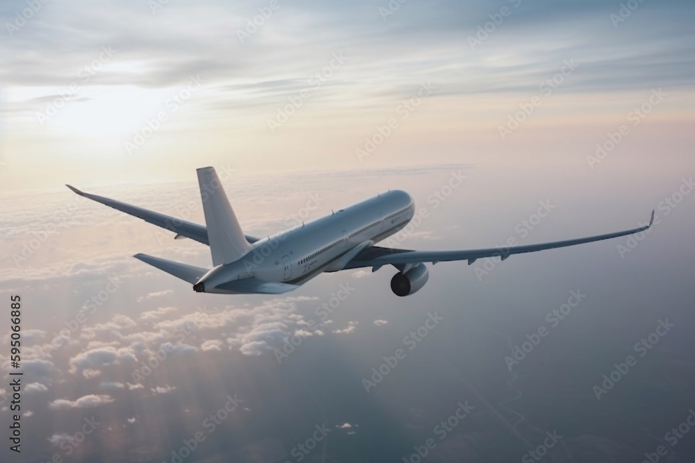 Obraz premium Passenger airliner in the sky side view. the plane flies into the sunset sky. AI Generated