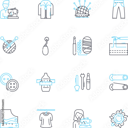 Tailoring linear icons set. Sewing, Alterations, Fitting, Measurements, Patterns, Fabric, Stitching line vector and concept signs. Hemming,Buttons,Zippers outline illustrations