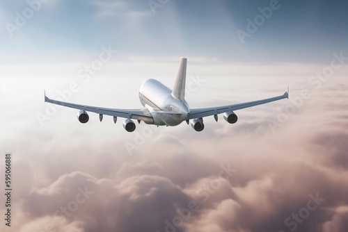 Passenger airliner in the sky. the plane flies into the sunset sky. AI Generated