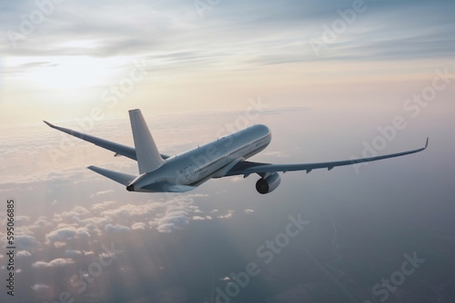 Passenger airliner in the sky side view. the plane flies into the sunset sky. AI Generated