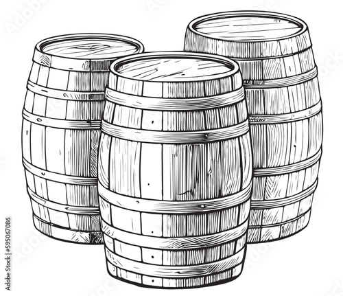 Beer wooden barrels hand drawn sketch Beer brewing illustration