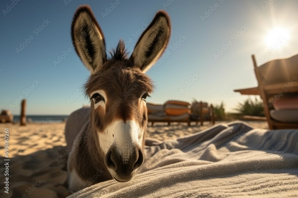 Photo of baby donkey sunbathing on a towel at the beach. Animal influencer.