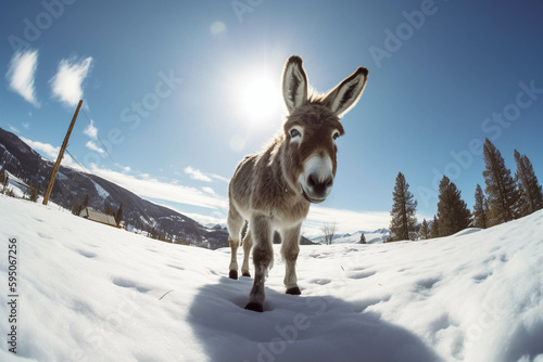 Photo of baby donkey snowboarding. Animal influencer.