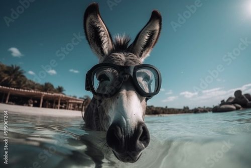 Photo of baby donkey scubadiving wearing mask. Animal influencer.