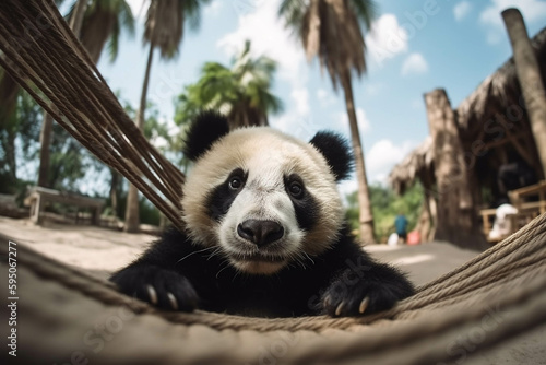 Photo of panda bear on a hammock in a tropical beach. Animal influencer. © MadSwordfish
