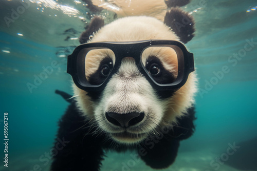 Photo of panda bear scubadiving wearing mask. Animal influencer. photo