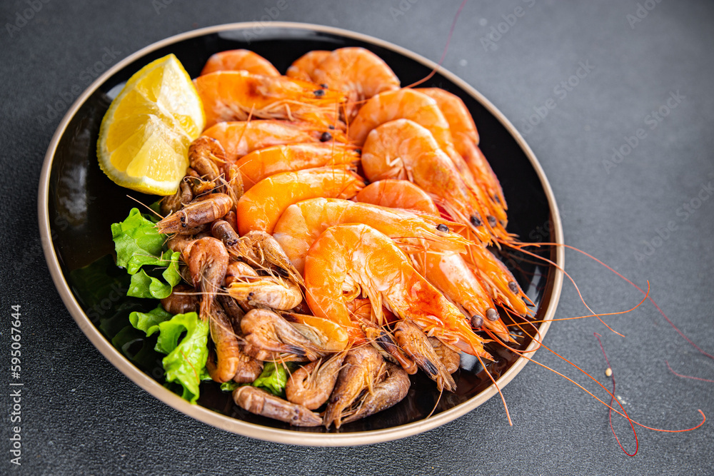 shrimp prawn fresh seafood plater meal food snack on the table copy space food background rustic top view shrimp prawn fresh seafood plater meal food snack on the table copy space food background rustic top view