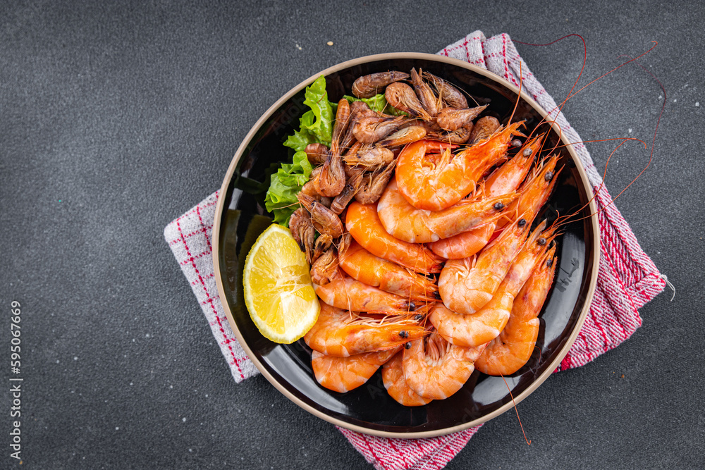 shrimp prawn fresh seafood plater meal food snack on the table copy space food background rustic top view shrimp prawn fresh seafood plater meal food snack on the table copy space food background rustic top view