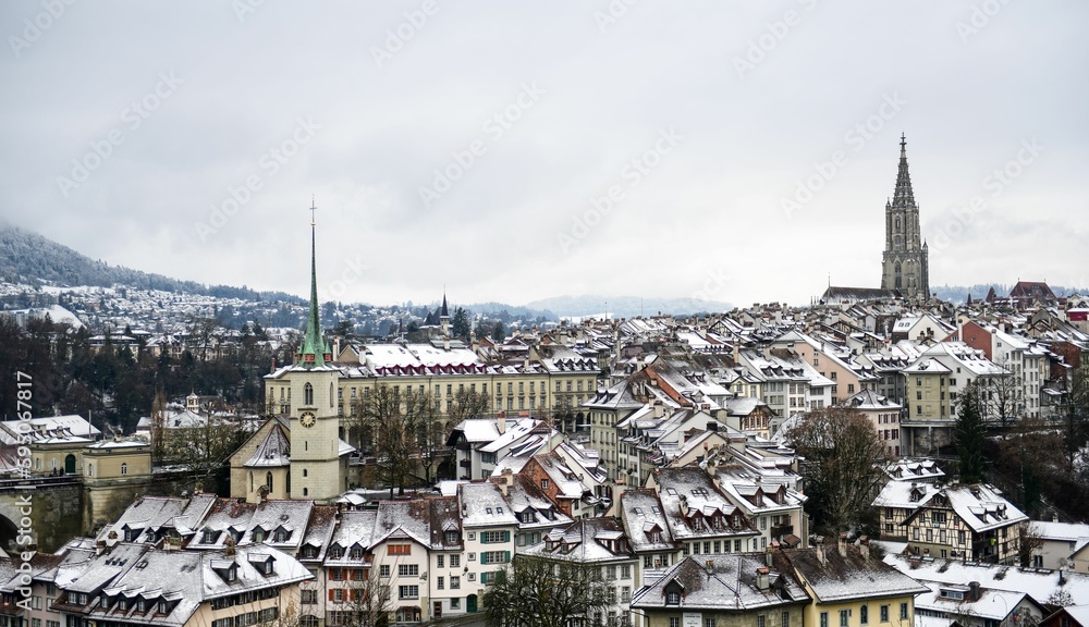 Aerial shot of Bern in winter, Switzerland.