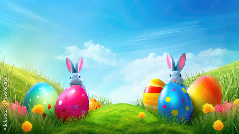 Easter banner with copy space. Easter colorful eggs and happy bunny on green grass on meadow. Easter eggs In spring flowers field. Generative AI