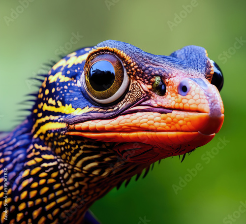Mystical and magical wildlife photo of a colorful lizard reptile. With its striking colors  intricate scales  and intense gaze. Generative AI