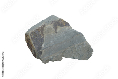 Cut out raw specimen of gray shale rock stone isolated on white background.