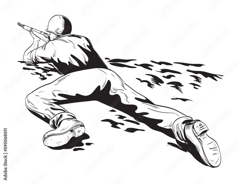 Φωτογραφία Comics style drawing or illustration of a World War Two American GI soldier aiming firing rifle viewed from rear in high angle on isolated background done in black and white retro style