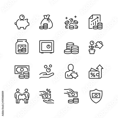 Money, savings, linear style icons set. Coins and paper bills. Get and keep. Moneybox, investments, save and multiply savings. Editable stroke width