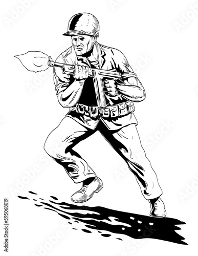 Comics style drawing or illustration of a World War Two American GI soldier running firing tommy gun viewed from front on isolated background done in black and white retro style.
