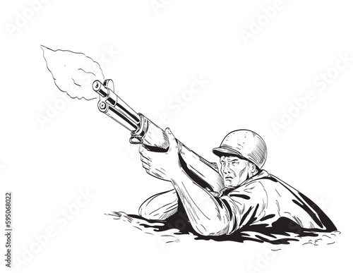 Comics style drawing or illustration of a World War Two American GI soldier aiming firing rifle viewed from front in low angle on isolated background done in black and white retro style.