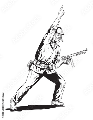 Comics style drawing or illustration of a World War Two American GI soldier with rifle leading charge viewed from side angle on isolated background done in black and white retro style.