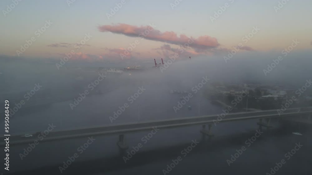 Fremantle Car bridge on foggy dawn from drone Fremantle Car bridge on foggy dawn from drone