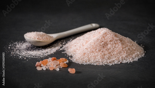A spoon and pile of pink himalayan salt. Pink salt and pepper. Pink sugar. Spices for recipes. photo