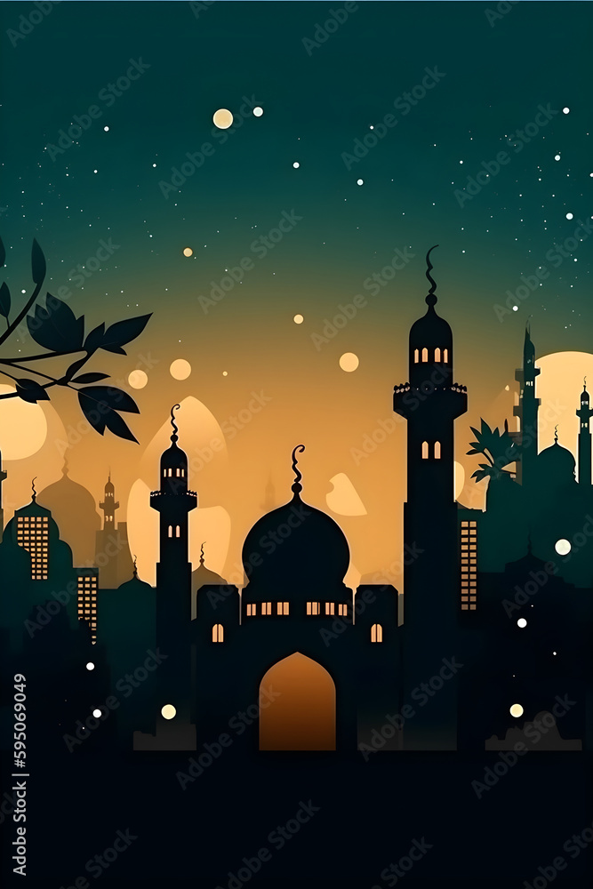 Colorful simple decoration illustration for Happy Ramadan or EID Mubarak draft and greetings card template.