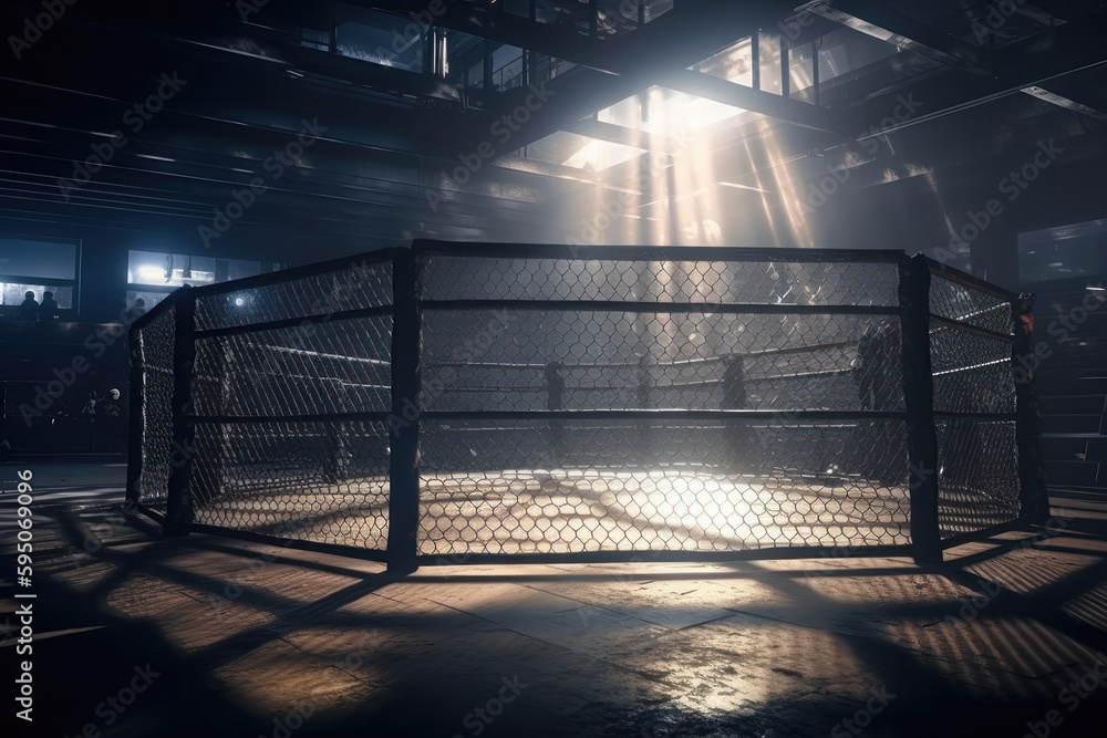 Battle in the Cage: Interior View of Sport Arena with Fans and Spotlights. Generative Ai