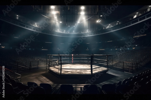 Battle in the Cage: Interior View of Sport Arena with Fans and Spotlights. Generative Ai