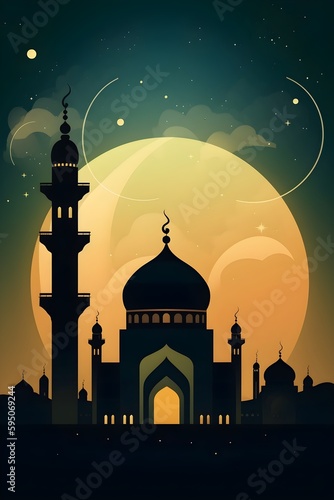 Colorful simple decoration illustration for Happy Ramadan or EID Mubarak draft and greetings card template. © Riocool