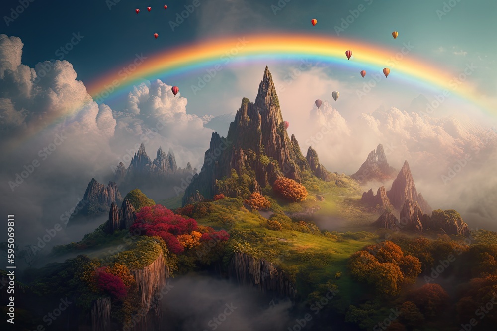 Fantastic mountains with greenery in the clouds and a rainbow. Generative AI